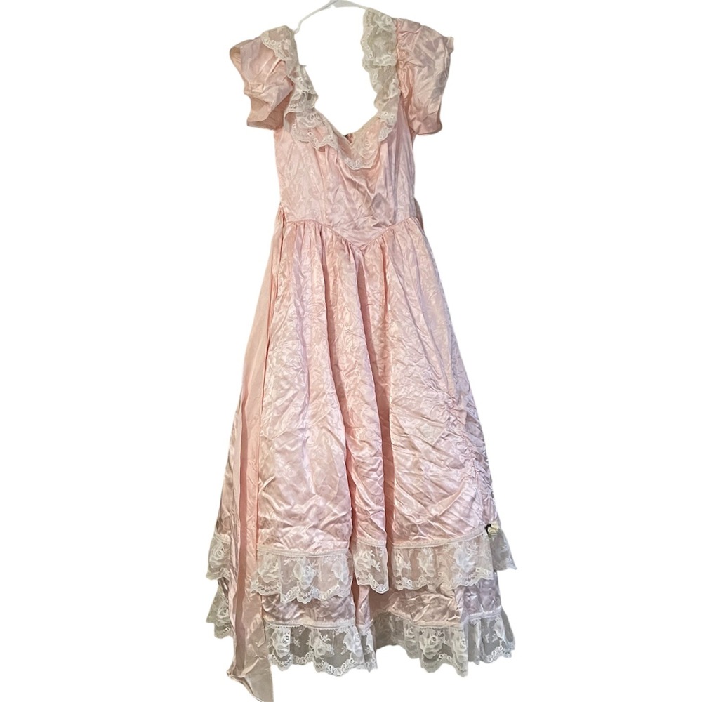 Vintage Zum Zum Pink Lace Floral Jacquard Gown 80s Prom Dress ILGWU SMALL